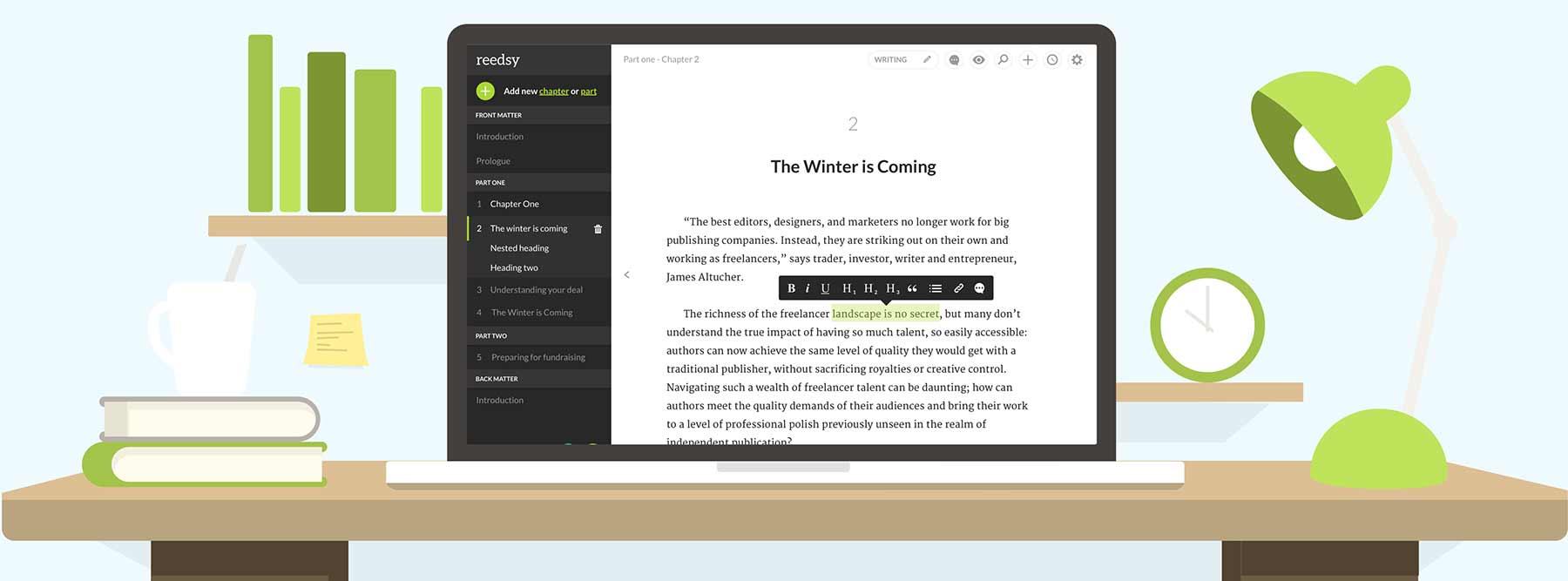 The Reedsy theme, a professionally typeset print template available in the Reedsy book editor