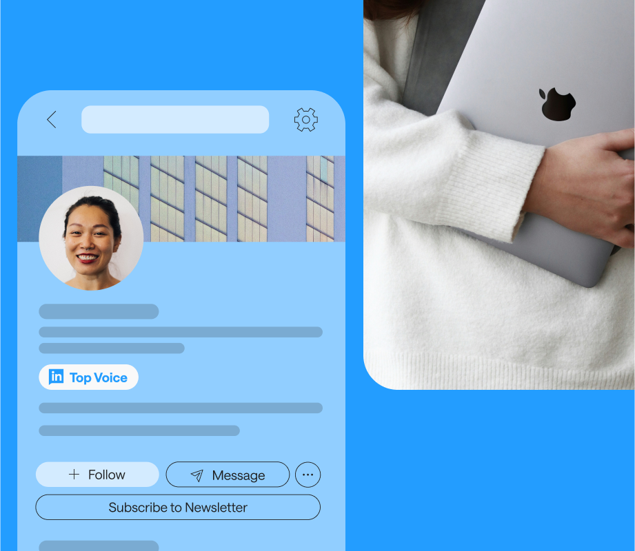 Screenshot of LinkedIn "Top Voice" profile and someone holding a laptop