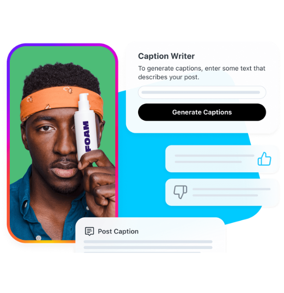 Image of creator holding up a beauty product with screenshots of product images on the write showing caption writer feature