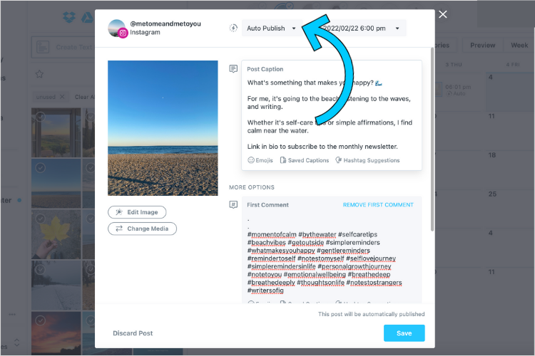 Photo showing Later's Instagram schedule builder with an arrow pointing at the "Auto Publish" option