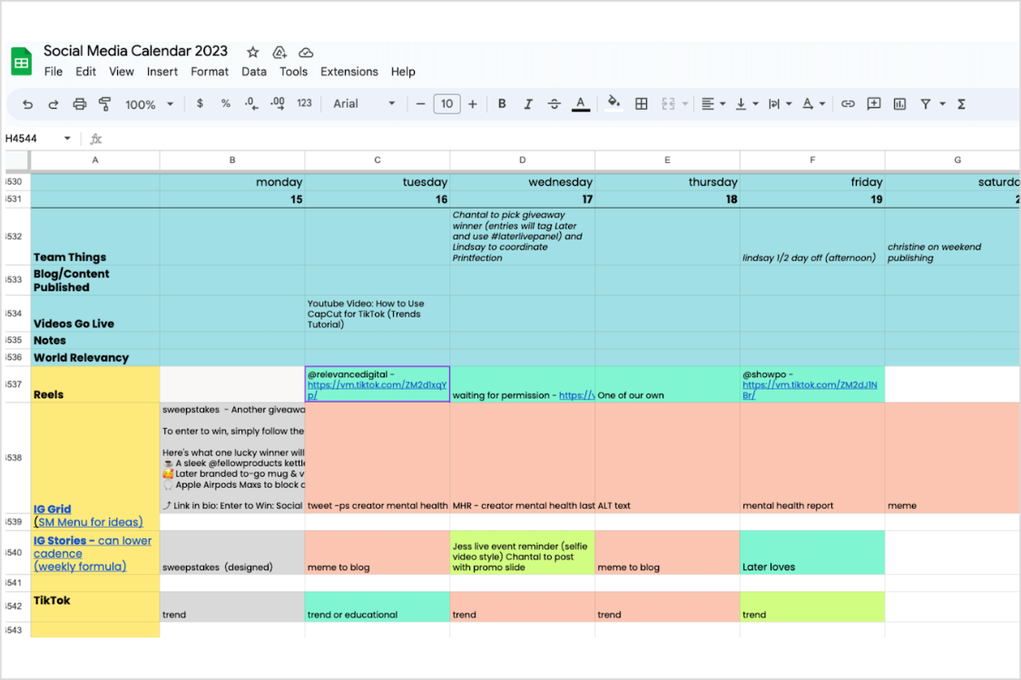 Later's social media calendar, made in Google Sheets.