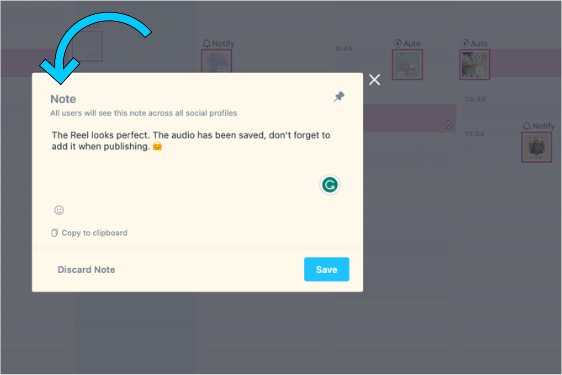 Internal note used in Later's social media content calendar
