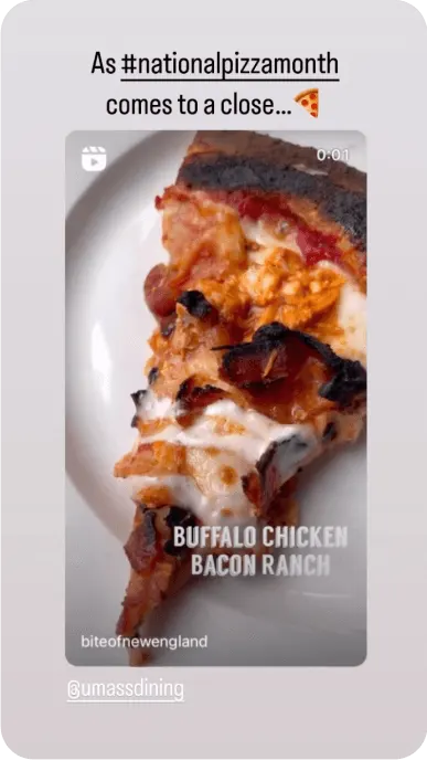 Instagram story promoting Palermos buffalo chicken bacon ranch pizza on National Pizza Month