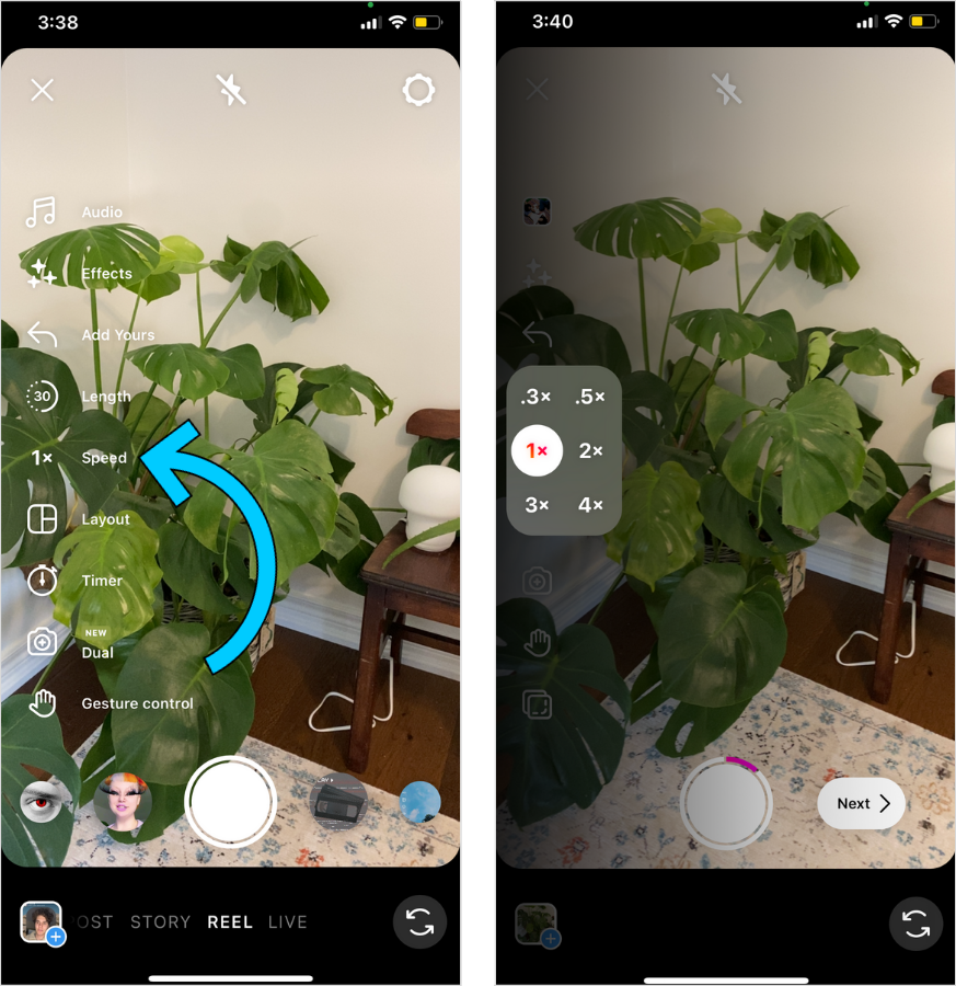 Illustrated steps on how to select the desired speed of an Instagram Reel.